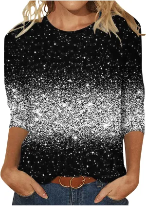 Womens Sparkly Tops and Blouses 3/4 Sleeve Loose Fit Sequin Shirts Casual Crewneck Tees Trendy Outfits Clothing 2024