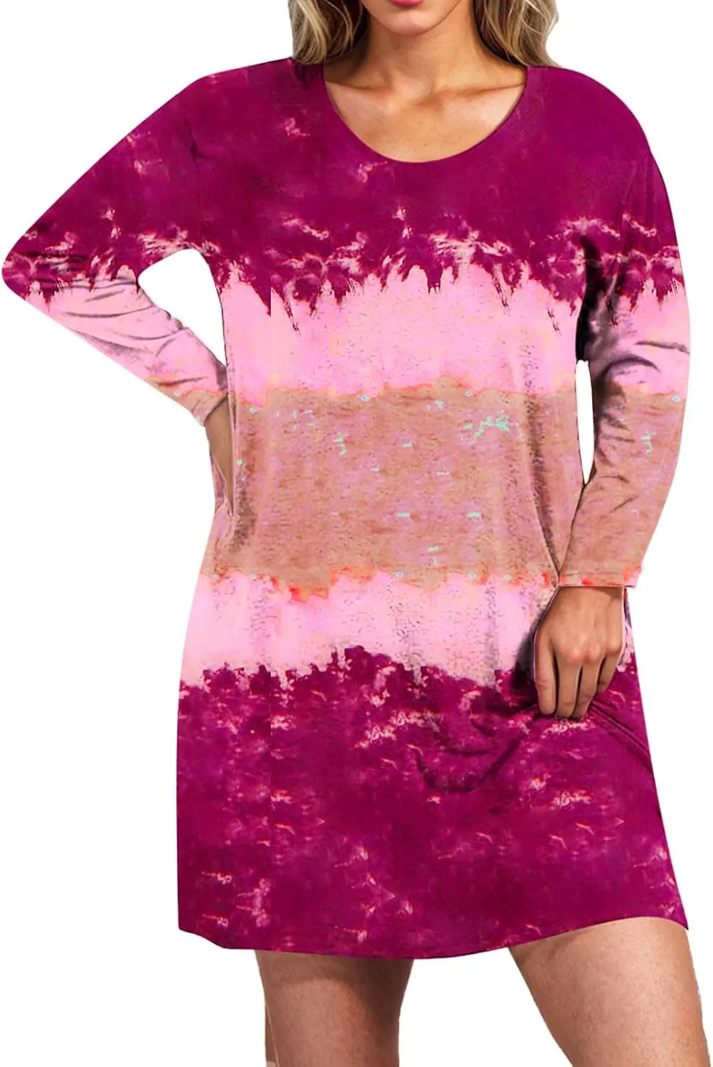 Womens Spring Dresses,Flowy Tie Dye Plus Size Dresses Crewneck Shift Long Sleeve Dress Going Out Vacation Date Night