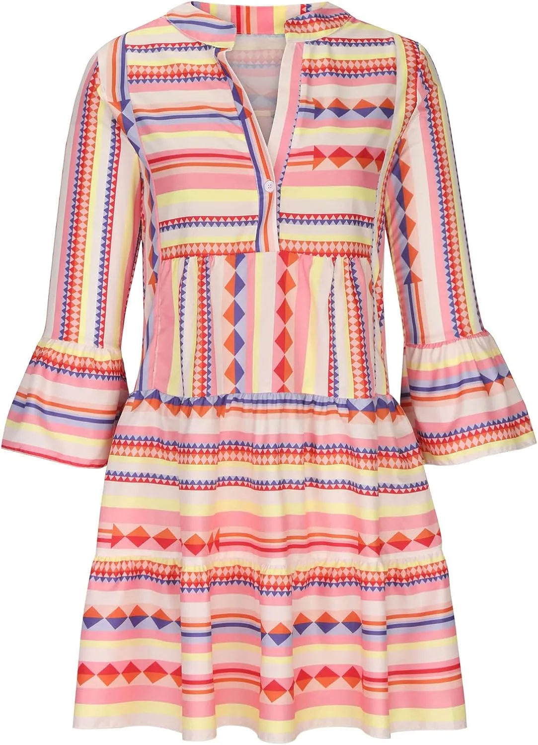Womens Summer Casual V-Neck 3/4 Sleeve Sundress Boho Print Hawaiian Beach Dress Flowy Swing Vacation Mini Dress