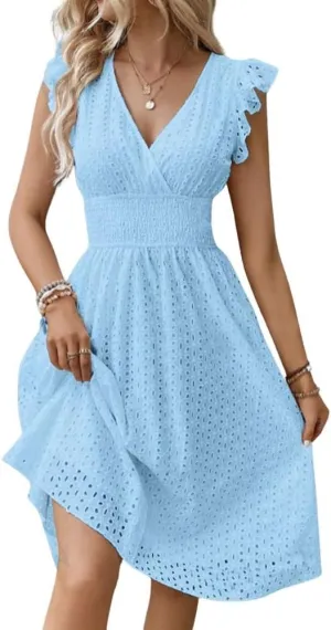 Women's Summer Sexy Eyelet Lace Embroidery Smocked Dress Flutter Sleeve A-Line Midi Long Beach Sundress