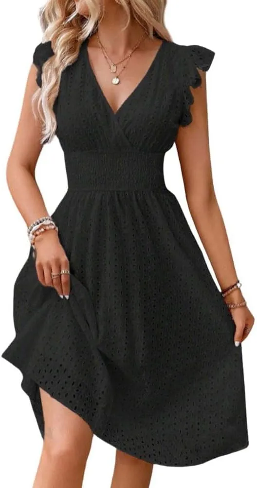Women's Summer Sexy Eyelet Lace Embroidery Smocked Dress Flutter Sleeve A-Line Midi Long Beach Sundress