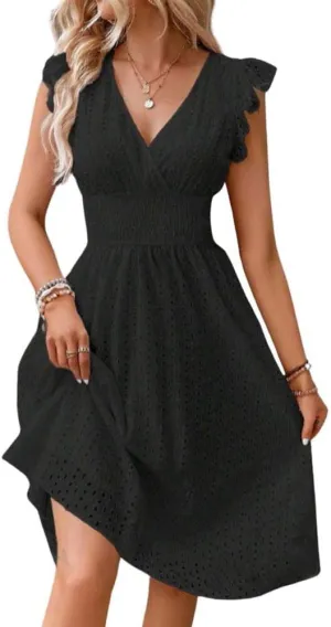 Women's Summer Sexy Eyelet Lace Embroidery Smocked Dress Flutter Sleeve A-Line Midi Long Beach Sundress