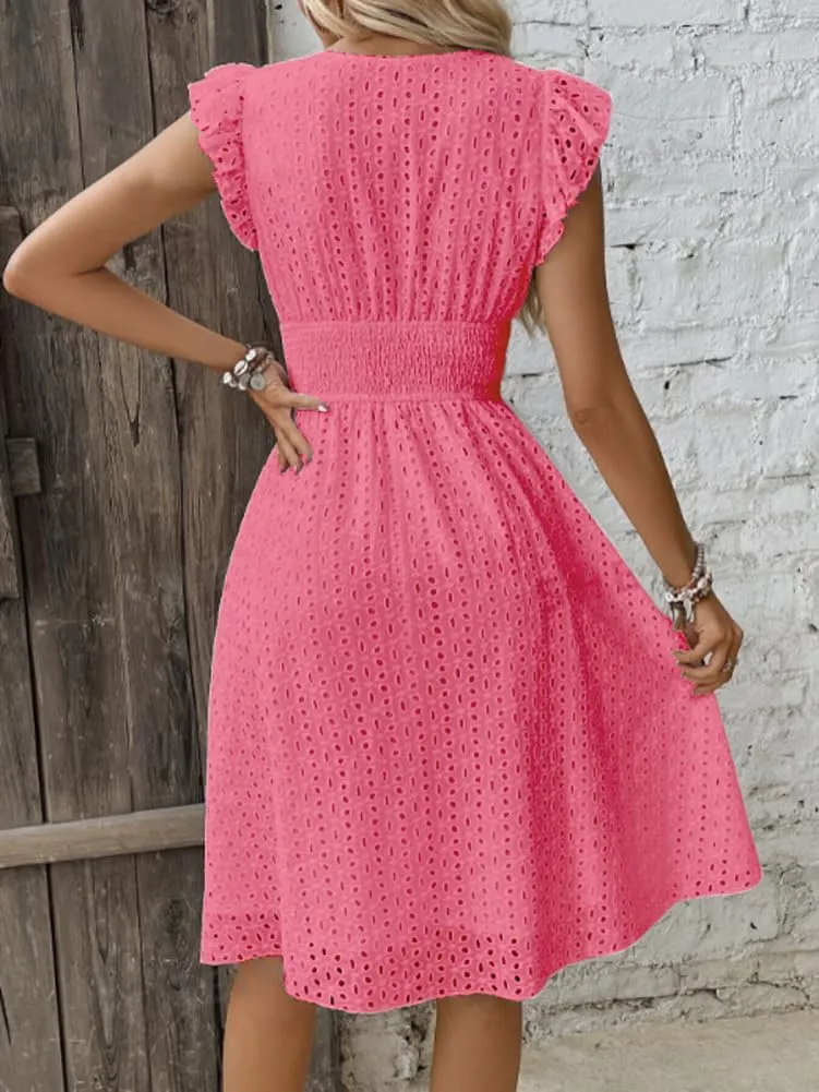 Women's Summer Sexy Eyelet Lace Embroidery Smocked Dress Flutter Sleeve A-Line Midi Long Beach Sundress