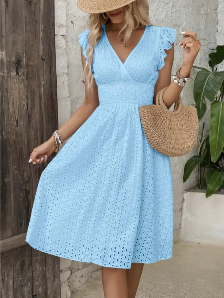 Women's Summer Sexy Eyelet Lace Embroidery Smocked Dress Flutter Sleeve A-Line Midi Long Beach Sundress