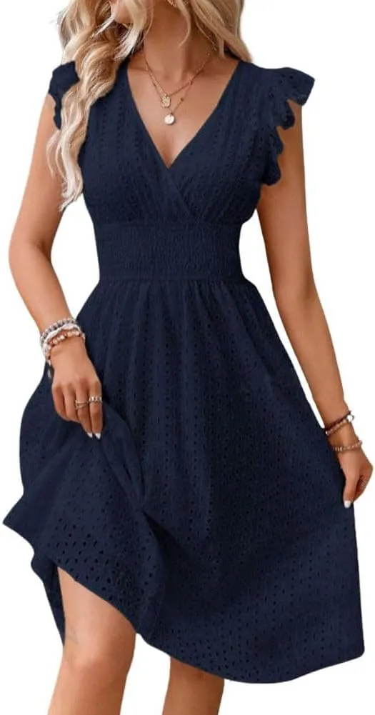 Women's Summer Sexy Eyelet Lace Embroidery Smocked Dress Flutter Sleeve A-Line Midi Long Beach Sundress