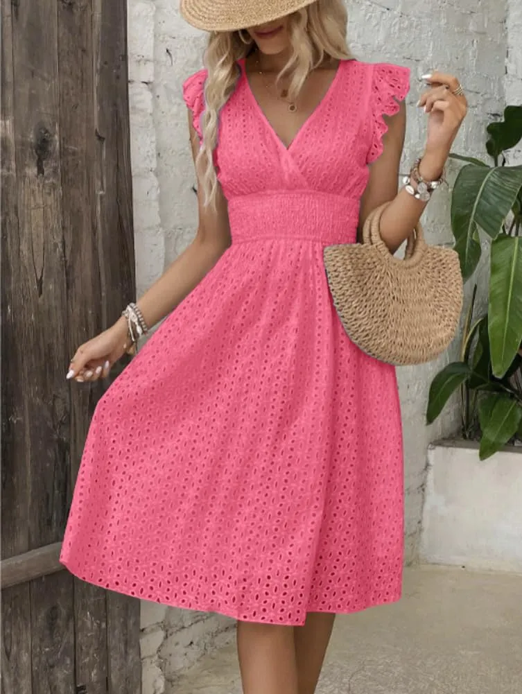 Women's Summer Sexy Eyelet Lace Embroidery Smocked Dress Flutter Sleeve A-Line Midi Long Beach Sundress