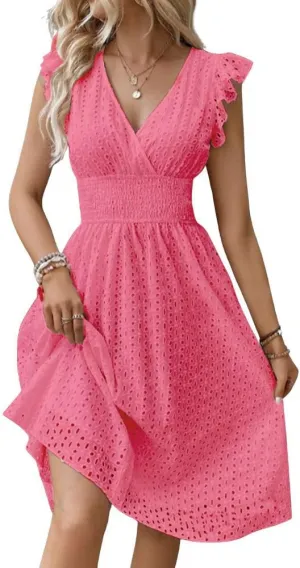 Women's Summer Sexy Eyelet Lace Embroidery Smocked Dress Flutter Sleeve A-Line Midi Long Beach Sundress