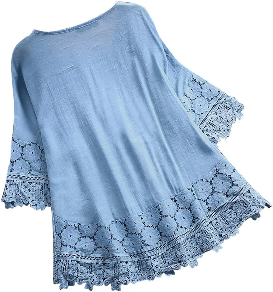 Womens Summer Tops Retro Embroidered 3/4 Sleeve Boho Tops Oversized Dressy Casual Blouses Airport Travel Outfit