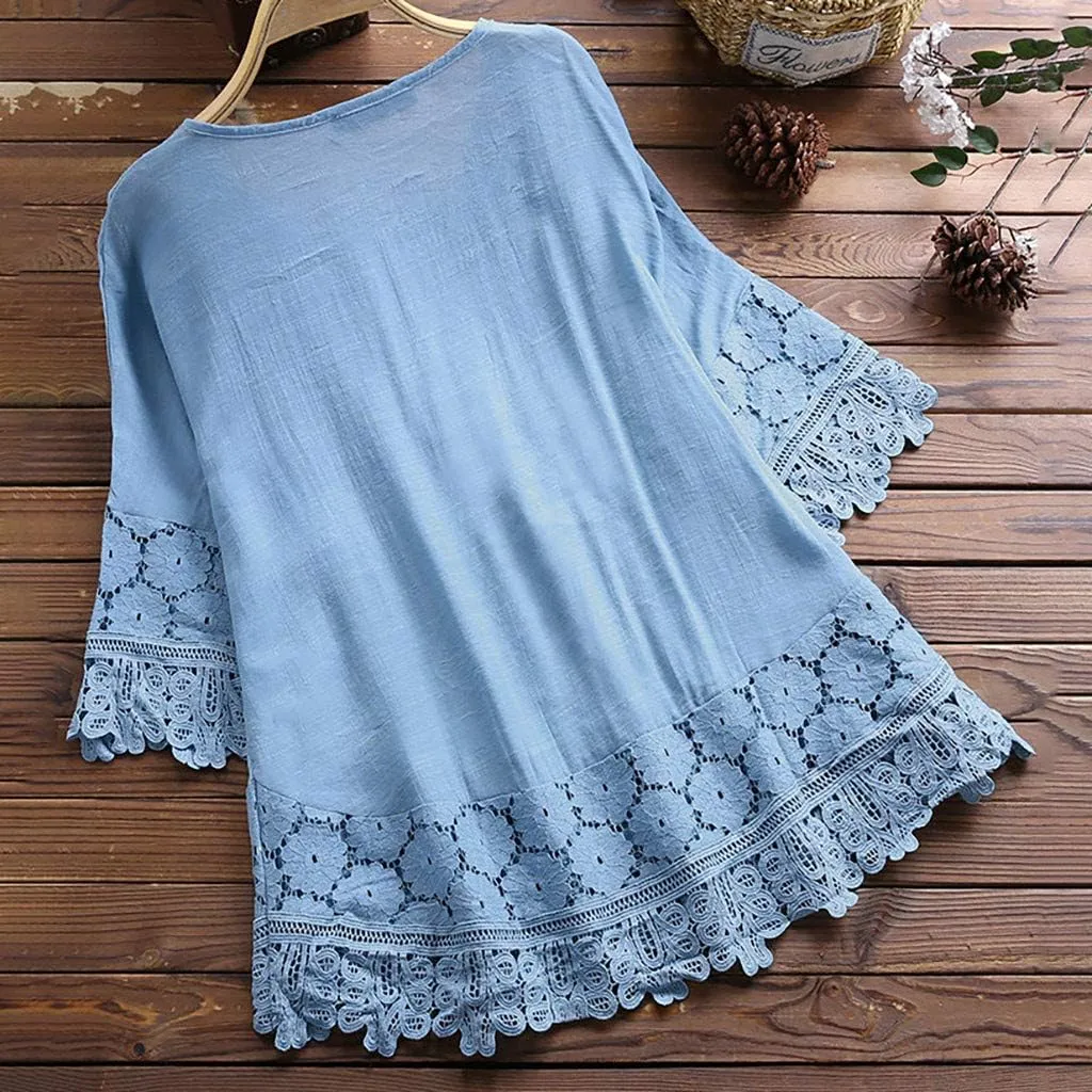 Womens Summer Tops Retro Embroidered 3/4 Sleeve Boho Tops Oversized Dressy Casual Blouses Airport Travel Outfit