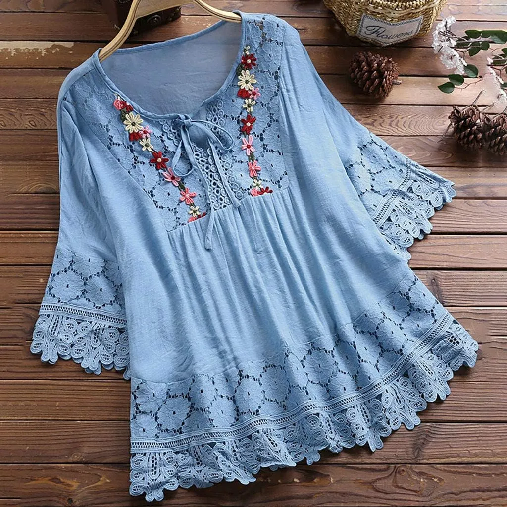 Womens Summer Tops Retro Embroidered 3/4 Sleeve Boho Tops Oversized Dressy Casual Blouses Airport Travel Outfit