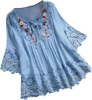 Womens Summer Tops Retro Embroidered 3/4 Sleeve Boho Tops Oversized Dressy Casual Blouses Airport Travel Outfit