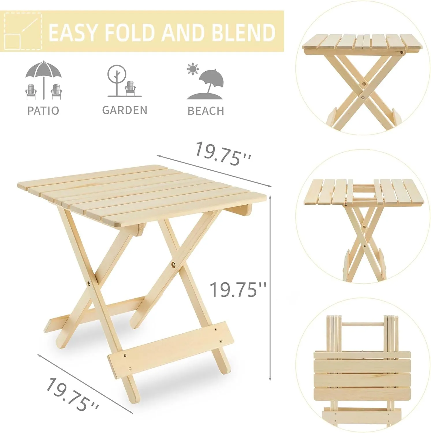 Wood Folding Picnic Table,Small Folding Table,Portable Design Space-Saving,for Outdoor, Beach, Picnic, Backyards, BBQ and Party,17.95" L x17.95 W x 17.95" H (Natural Wood)