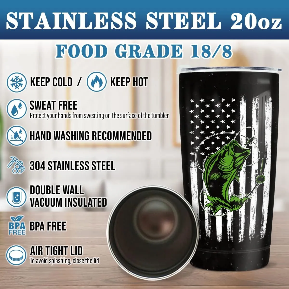 wowcugi Tumbler Stainless Steel 20oz Cup Gifts for Men Women (Fishing)