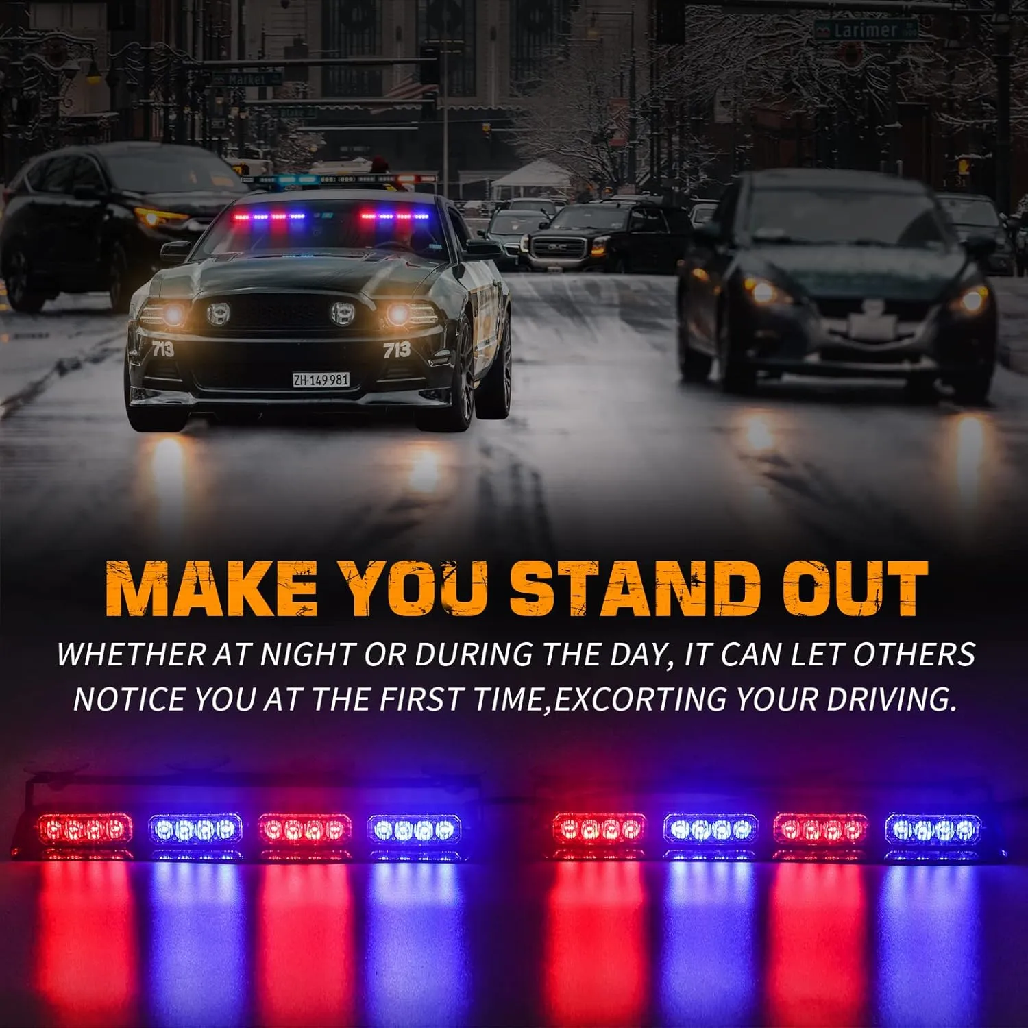 XRIDONSEN Emergency Strobe Dash Police Lights Safety Flashing Warning Hazard Interior Front/Rear Windshield Deck Split Light Bar w/Suction Cups for Vehicles Trucks (2x14 inch, Red Blue)