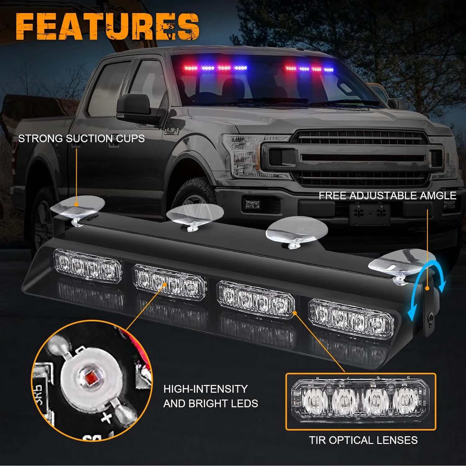 XRIDONSEN Emergency Strobe Dash Police Lights Safety Flashing Warning Hazard Interior Front/Rear Windshield Deck Split Light Bar w/Suction Cups for Vehicles Trucks (2x14 inch, Red Blue)