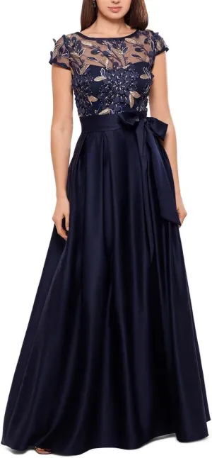 Xscape Embroidered Cap Sleeve with Ballgown Skirt Navy/Gold 6