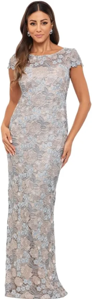 Xscape Women's Short Sleeve Embroidered Lace Boat Neck Maxi Dress with Center Back Zipper