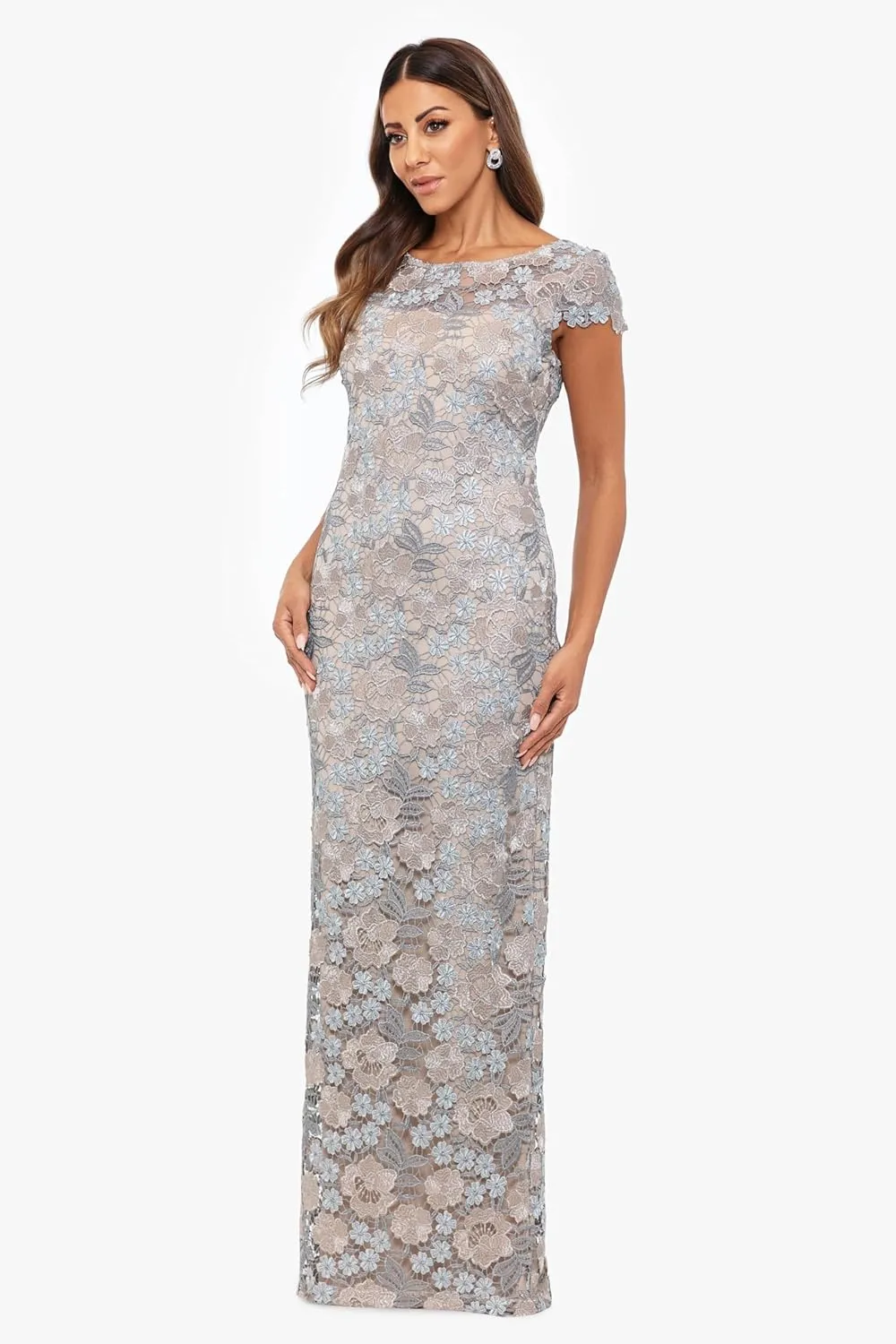 Xscape Women's Short Sleeve Embroidered Lace Boat Neck Maxi Dress with Center Back Zipper