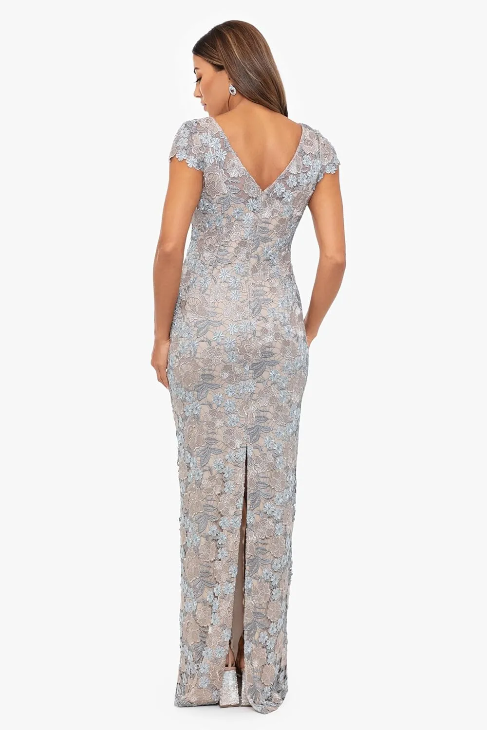 Xscape Women's Short Sleeve Embroidered Lace Boat Neck Maxi Dress with Center Back Zipper