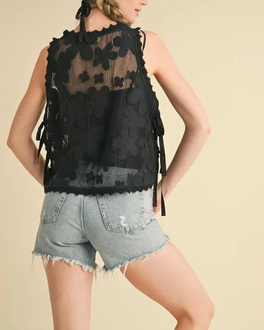 Y2k Embroidered Side Tie Vest Tops Cute Summer Lace Floral Cropped Tank Vintage Sleeveless Going Out Tops for Women