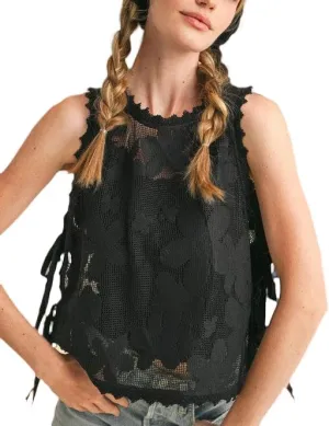 Y2k Embroidered Side Tie Vest Tops Cute Summer Lace Floral Cropped Tank Vintage Sleeveless Going Out Tops for Women