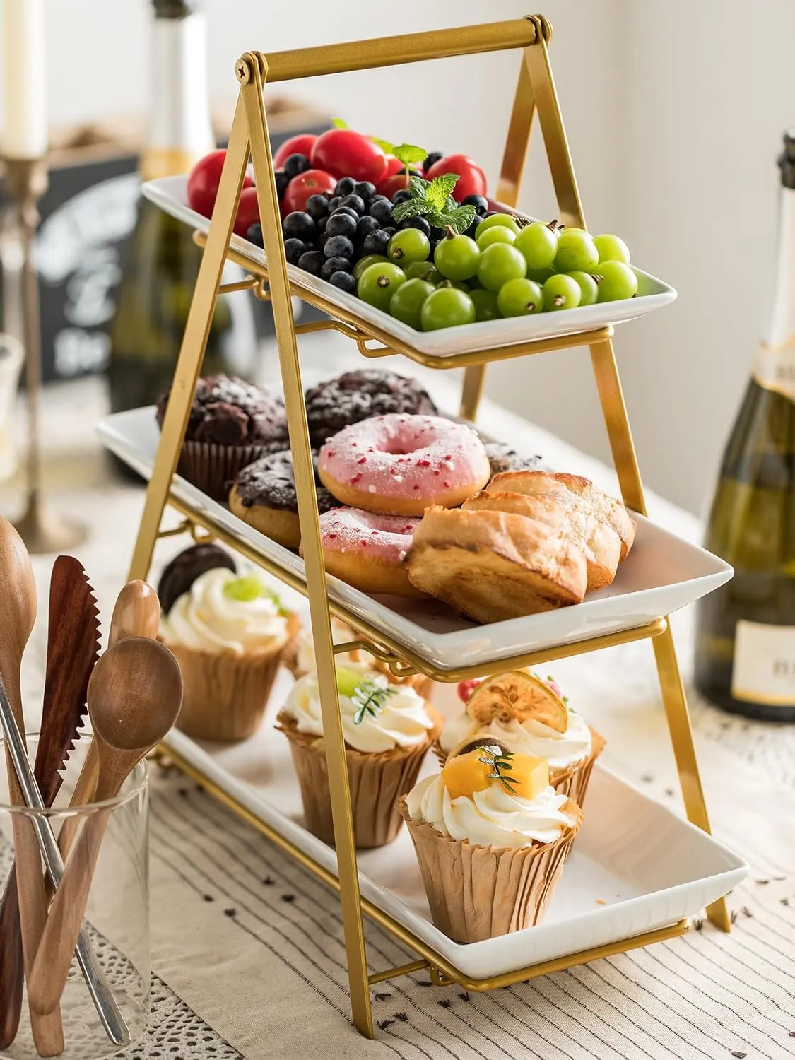 YHOSSEUN 3 Tier Serving Tray, Porcelain Tiered Tray Stand, 10 12 14 Inch Serving Platters and Trays with Collapsible Sturdier Rack, 3 Tiered Serving Stand Dessert Stands Treat Table Display Set, Gold