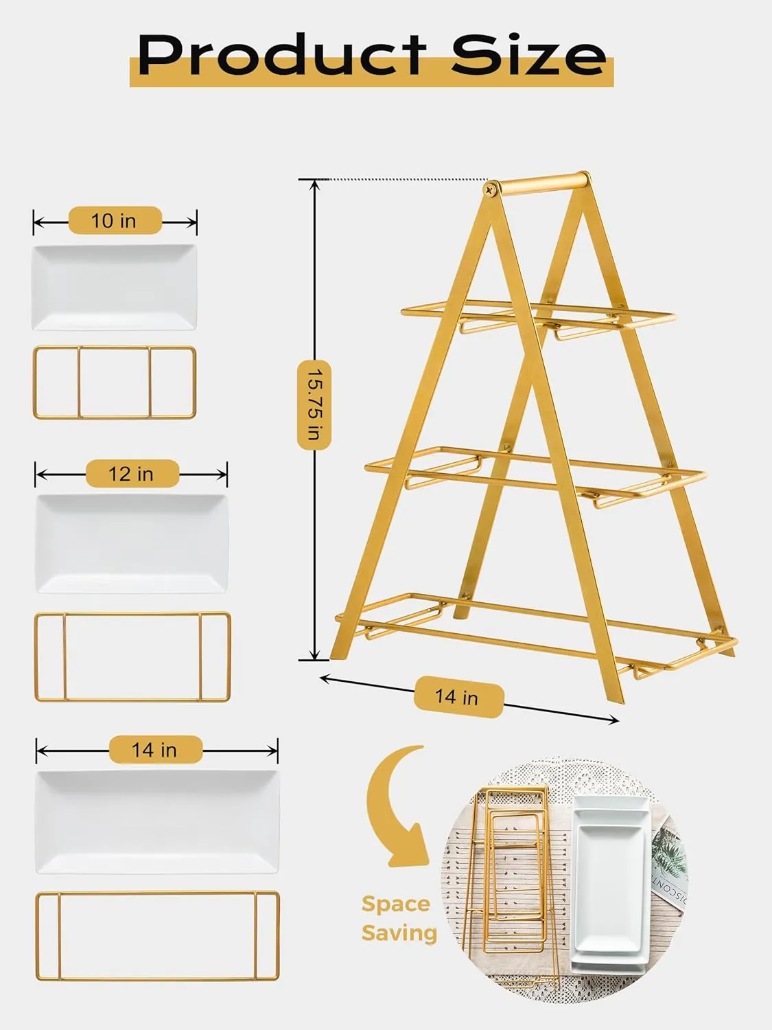 YHOSSEUN 3 Tier Serving Tray, Porcelain Tiered Tray Stand, 10 12 14 Inch Serving Platters and Trays with Collapsible Sturdier Rack, 3 Tiered Serving Stand Dessert Stands Treat Table Display Set, Gold