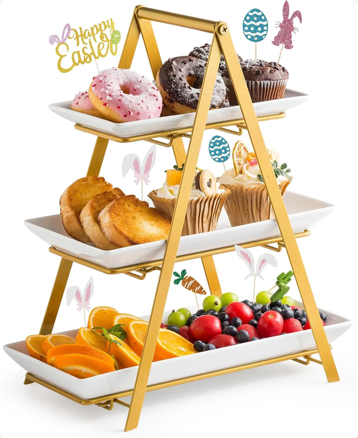 YHOSSEUN 3 Tier Serving Tray, Porcelain Tiered Tray Stand, 10 12 14 Inch Serving Platters and Trays with Collapsible Sturdier Rack, 3 Tiered Serving Stand Dessert Stands Treat Table Display Set, Gold
