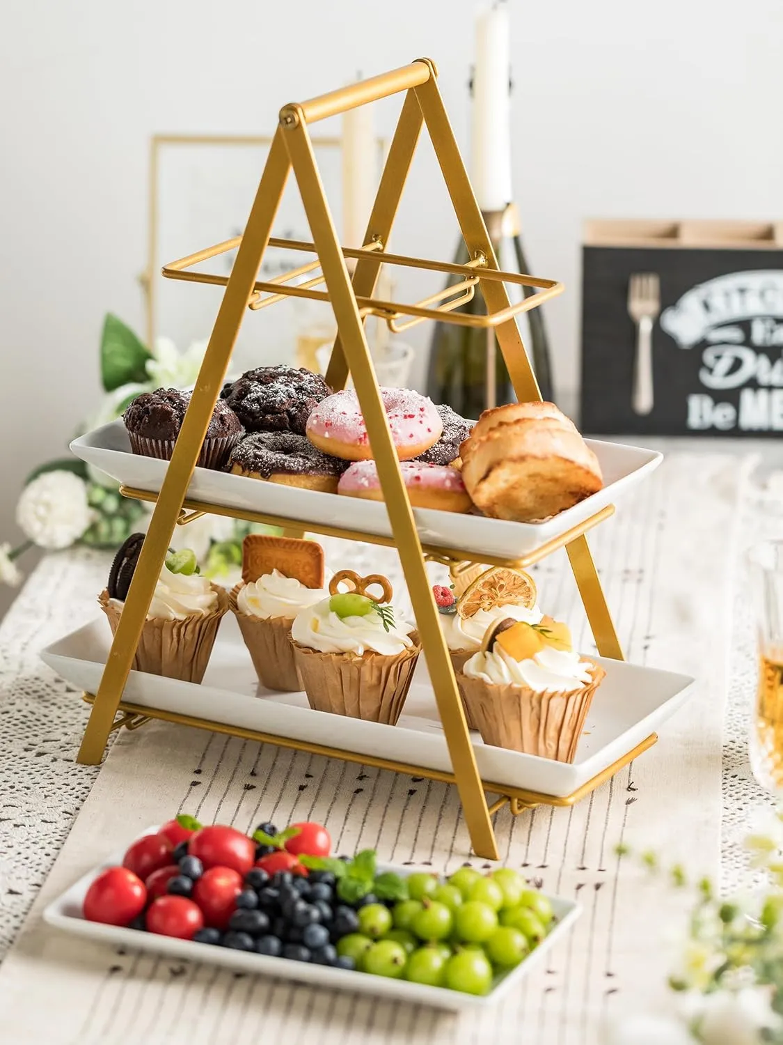 YHOSSEUN 3 Tier Serving Tray, Porcelain Tiered Tray Stand, 10 12 14 Inch Serving Platters and Trays with Collapsible Sturdier Rack, 3 Tiered Serving Stand Dessert Stands Treat Table Display Set, Gold