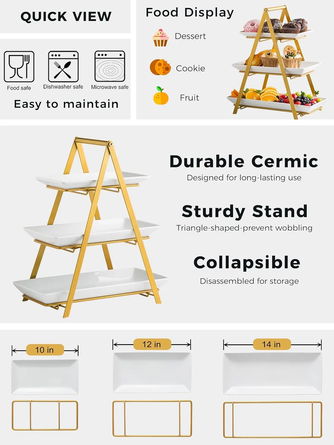 YHOSSEUN 3 Tier Serving Tray, Porcelain Tiered Tray Stand, 10 12 14 Inch Serving Platters and Trays with Collapsible Sturdier Rack, 3 Tiered Serving Stand Dessert Stands Treat Table Display Set, Gold