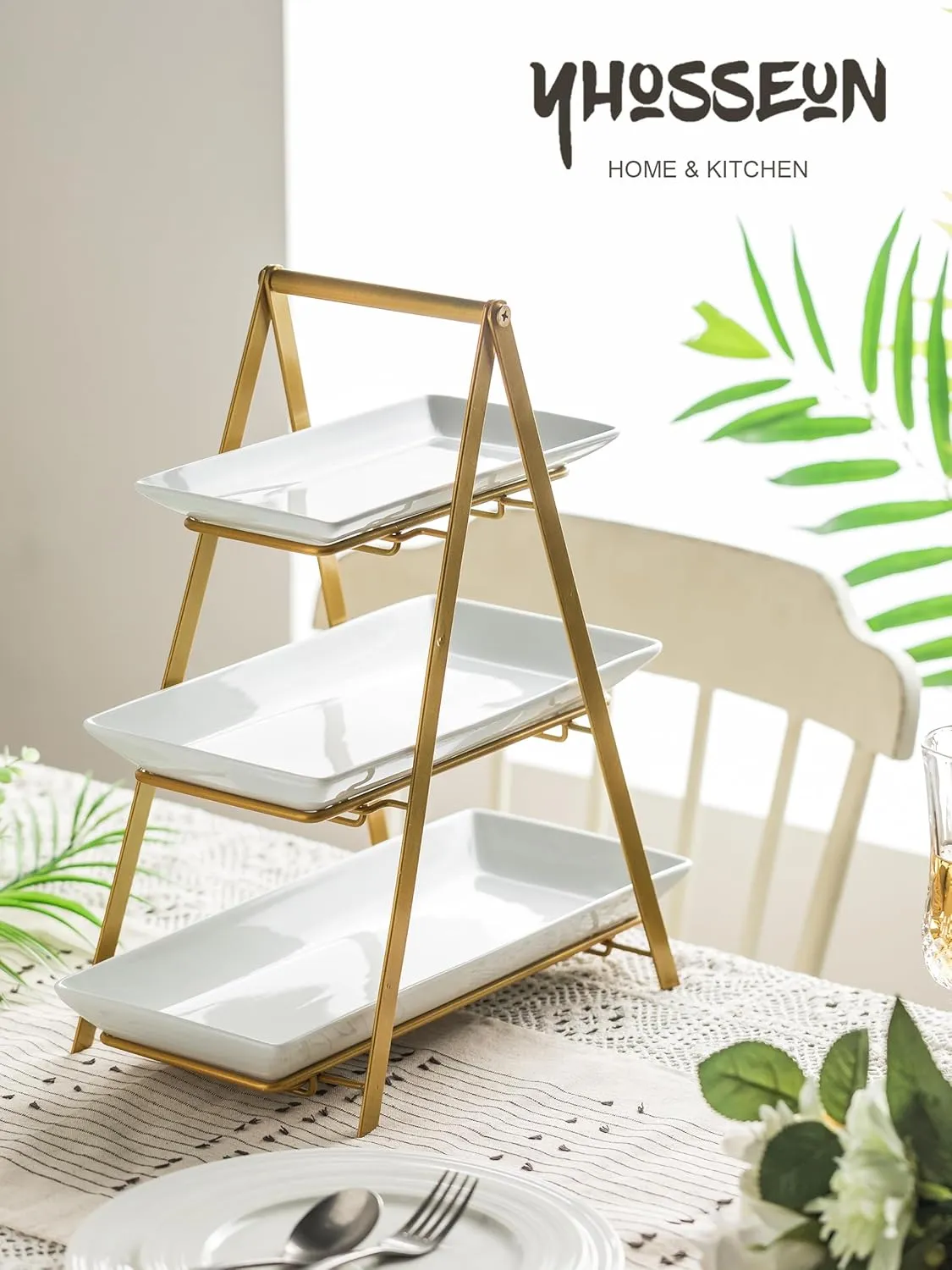 YHOSSEUN 3 Tier Serving Tray, Porcelain Tiered Tray Stand, 10 12 14 Inch Serving Platters and Trays with Collapsible Sturdier Rack, 3 Tiered Serving Stand Dessert Stands Treat Table Display Set, Gold