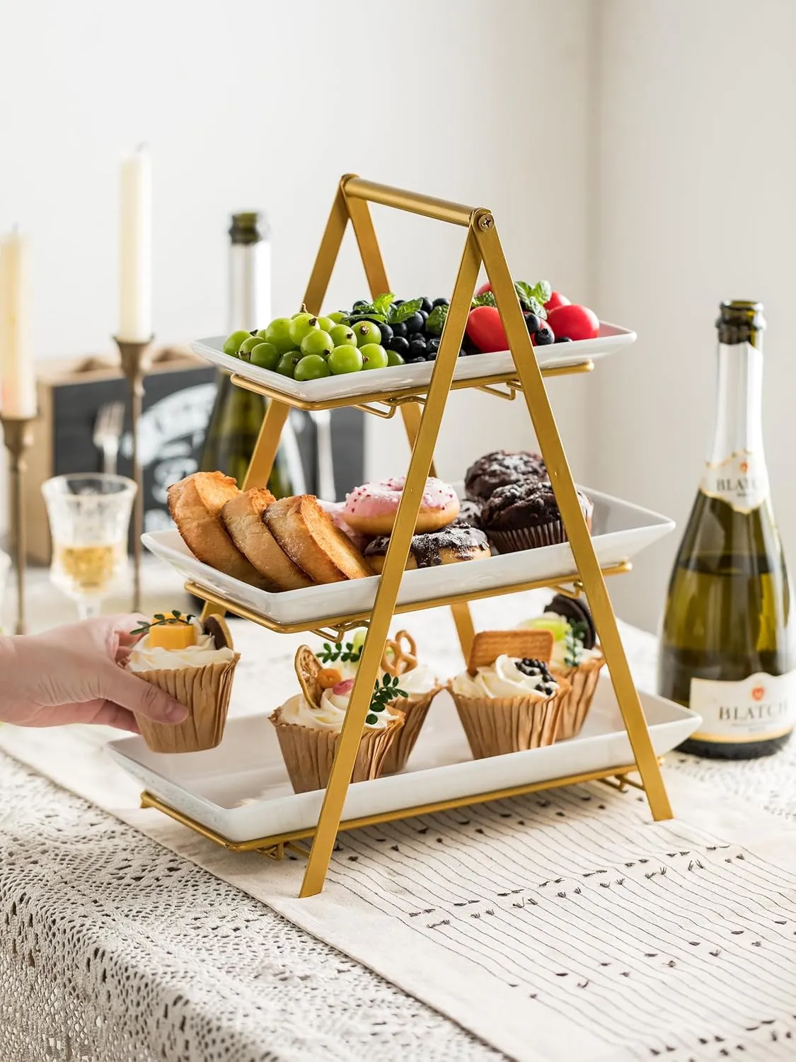 YHOSSEUN 3 Tier Serving Tray, Porcelain Tiered Tray Stand, 10 12 14 Inch Serving Platters and Trays with Collapsible Sturdier Rack, 3 Tiered Serving Stand Dessert Stands Treat Table Display Set, Gold
