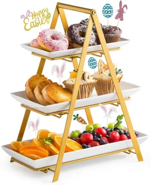YHOSSEUN 3 Tier Serving Tray, Porcelain Tiered Tray Stand, 10 12 14 Inch Serving Platters and Trays with Collapsible Sturdier Rack, 3 Tiered Serving Stand Dessert Stands Treat Table Display Set, Gold