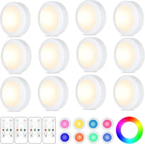 Yiliaw 12 Pack LED Puck Lights Remote Control 16 Color Changeable Under Cabinet Lights, Battery Operated Lights Night Light with Dimmer & Timmer for Closet Bedroom Kitchen, White