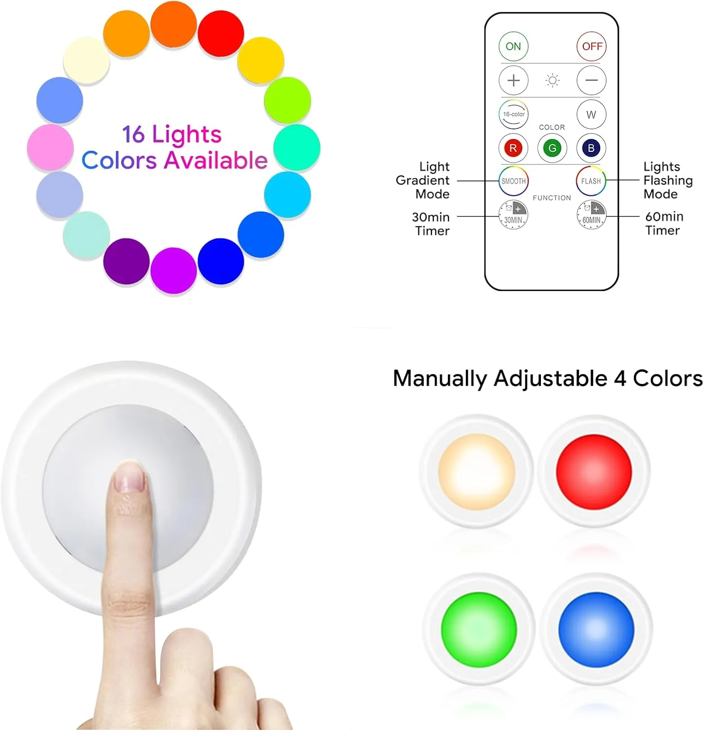 Yiliaw 12 Pack LED Puck Lights Remote Control 16 Color Changeable Under Cabinet Lights, Battery Operated Lights Night Light with Dimmer & Timmer for Closet Bedroom Kitchen, White