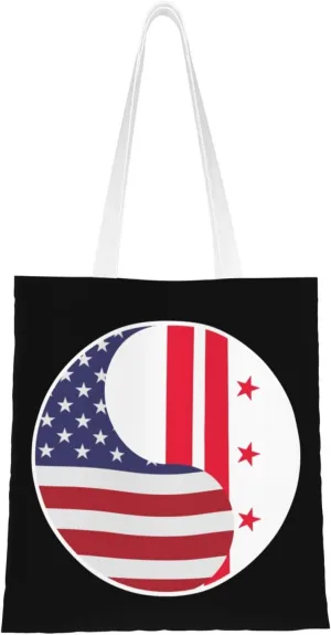 Yin Yang Flag Combination Of America And District Of Columbia Tote Bag for Women Canvas Shopping Bags Reusable Large Capacity Casual Shoulder Handbags Grocery Bags DIY Gift Bags