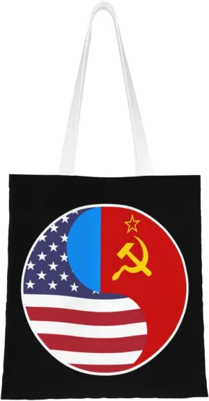 Yin Yang Flag Combination Of America And The Russian Soviet Federative Socialist Republic Tote Bag for Women Canvas Shopping Bags Reusable Large Capacity Casual Shoulder Handbags Grocery Bags