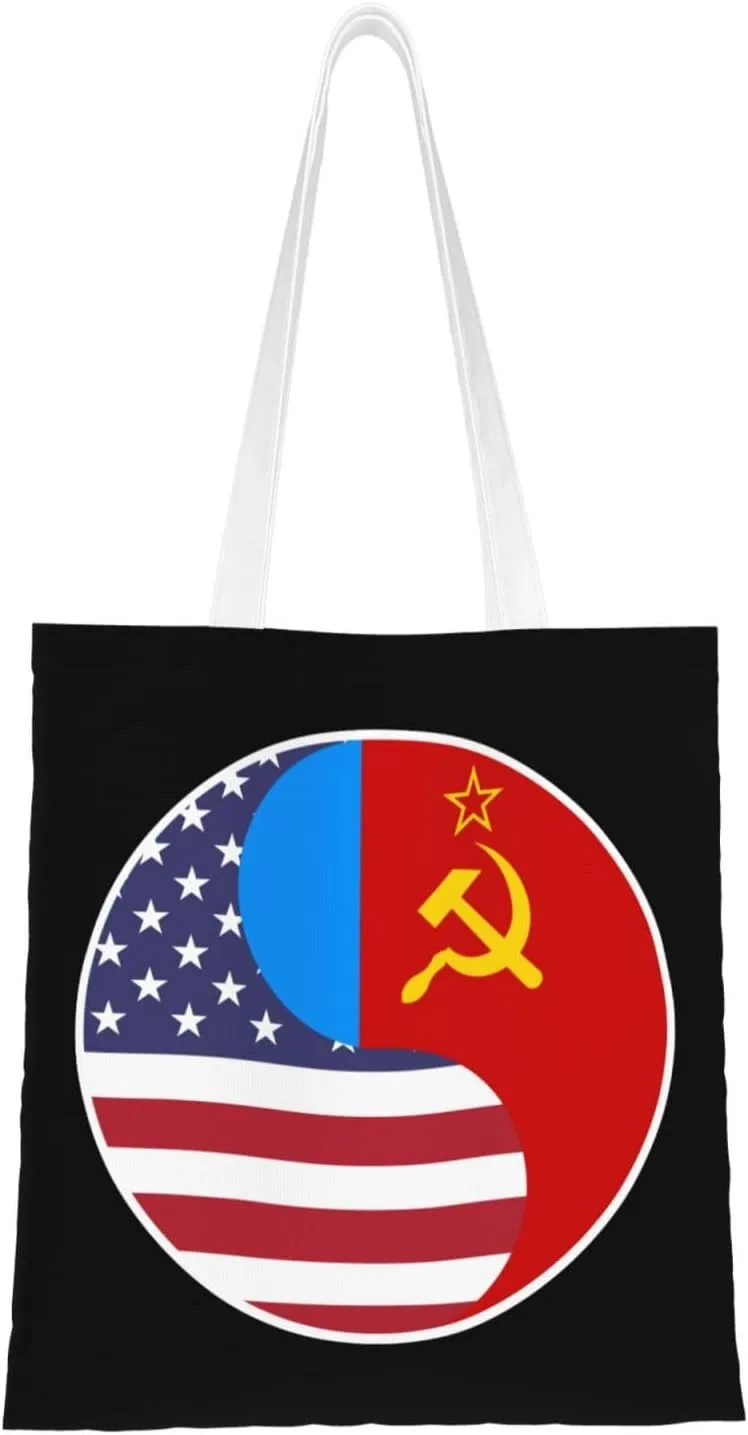 Yin Yang Flag Combination Of America And The Russian Soviet Federative Socialist Republic Tote Bag for Women Canvas Shopping Bags Reusable Large Capacity Casual Shoulder Handbags Grocery Bags