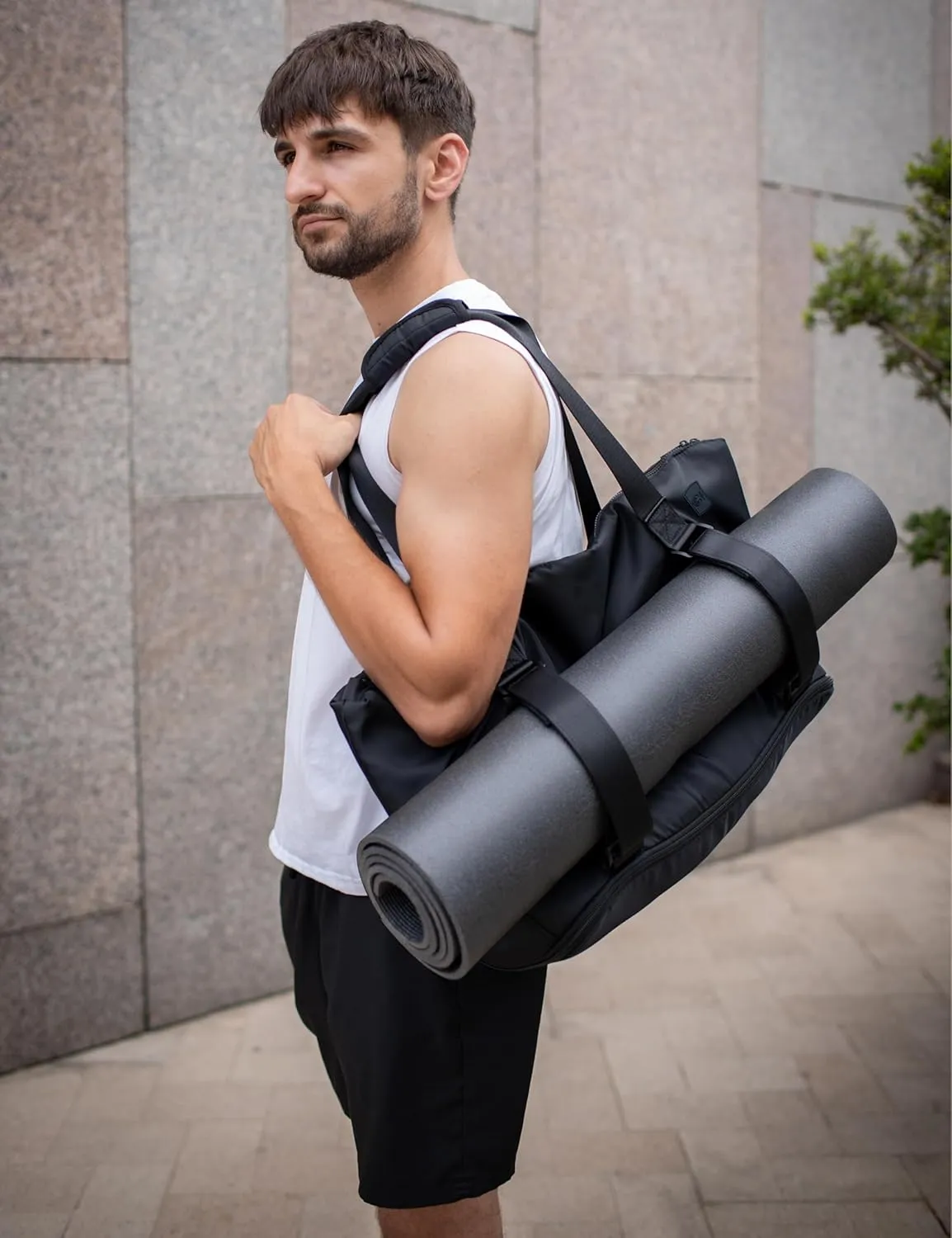 Yoga Mat Carrier - Expandable, Built-In Mat Straps, Water & Shock Resistant Laptop Pocket. Yoga Travel Bag with Luggage Sleeve, Gym Bag - Black, Large