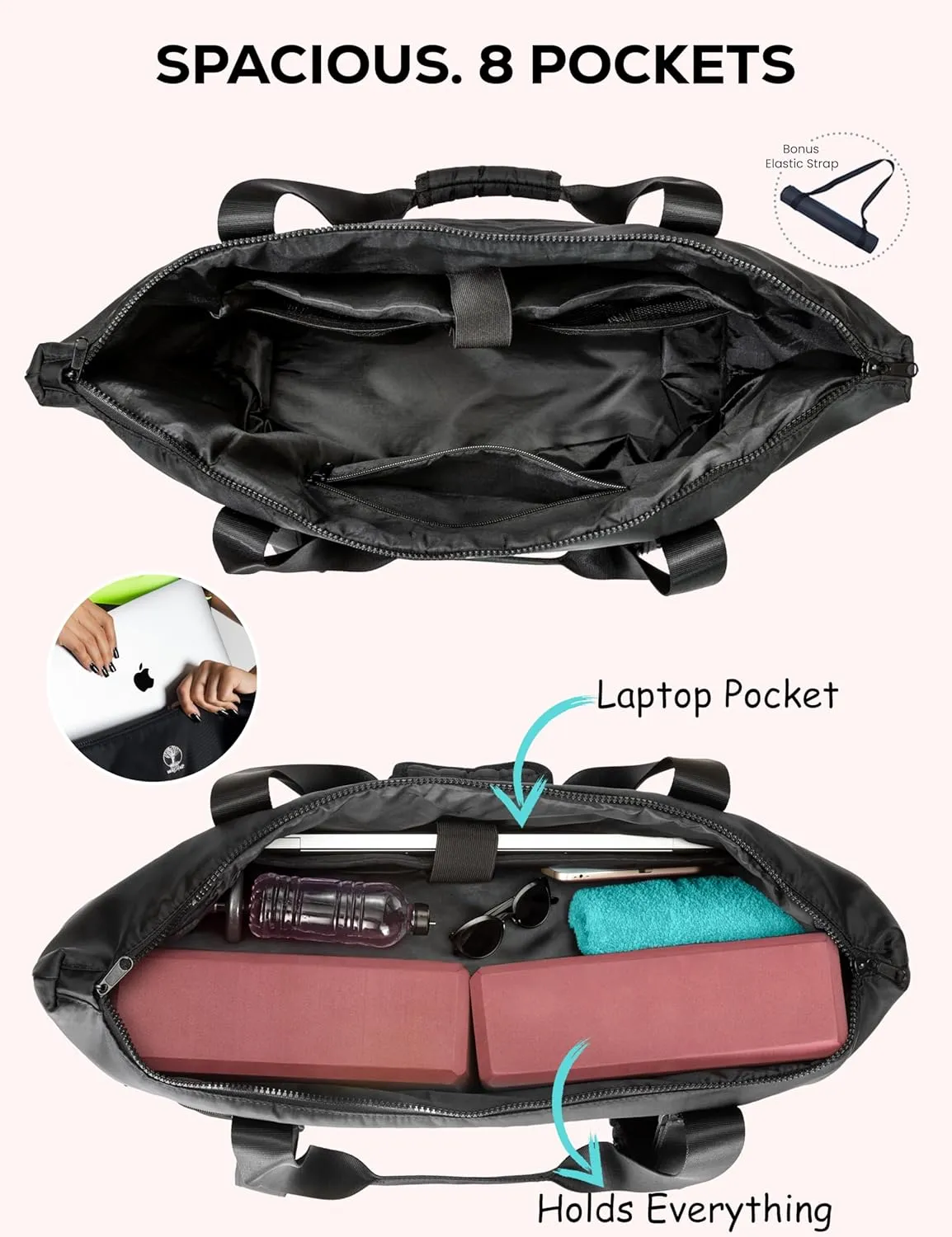 Yoga Mat Carrier - Expandable, Built-In Mat Straps, Water & Shock Resistant Laptop Pocket. Yoga Travel Bag with Luggage Sleeve, Gym Bag - Black, Large
