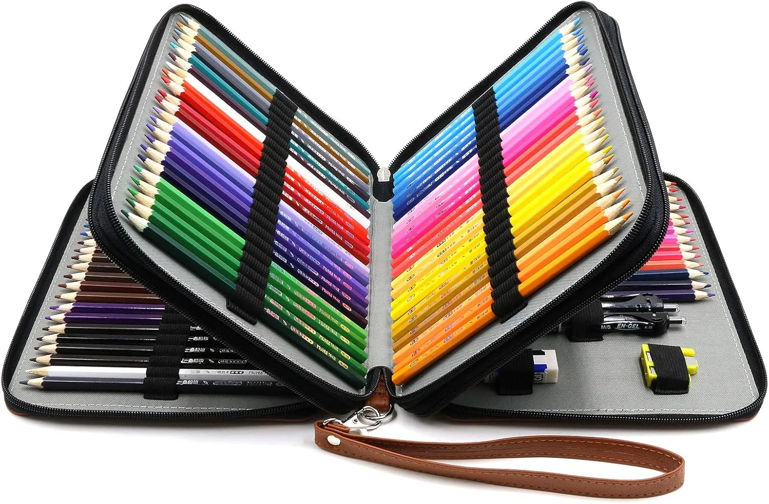 YOUSHARES 120 Slots Pencil Case - PU Leather Handy Multi-layer Large Zipper Pen Bag with Handle Strap for Prismacolor Watercolor Pencils, Crayola Colored Pencils, Marco Pens and Makeup Brush (Brown)
