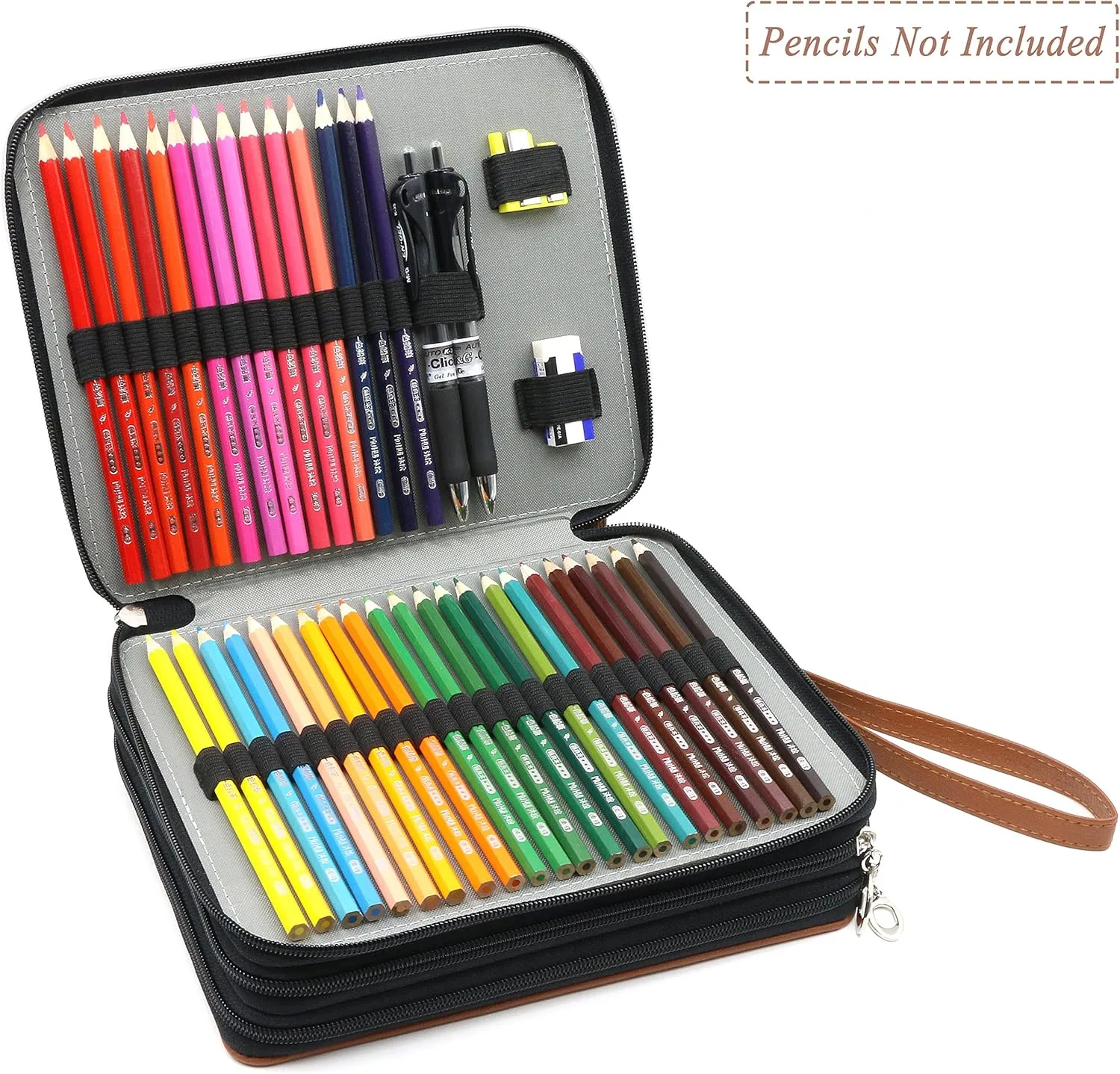 YOUSHARES 120 Slots Pencil Case - PU Leather Handy Multi-layer Large Zipper Pen Bag with Handle Strap for Prismacolor Watercolor Pencils, Crayola Colored Pencils, Marco Pens and Makeup Brush (Brown)