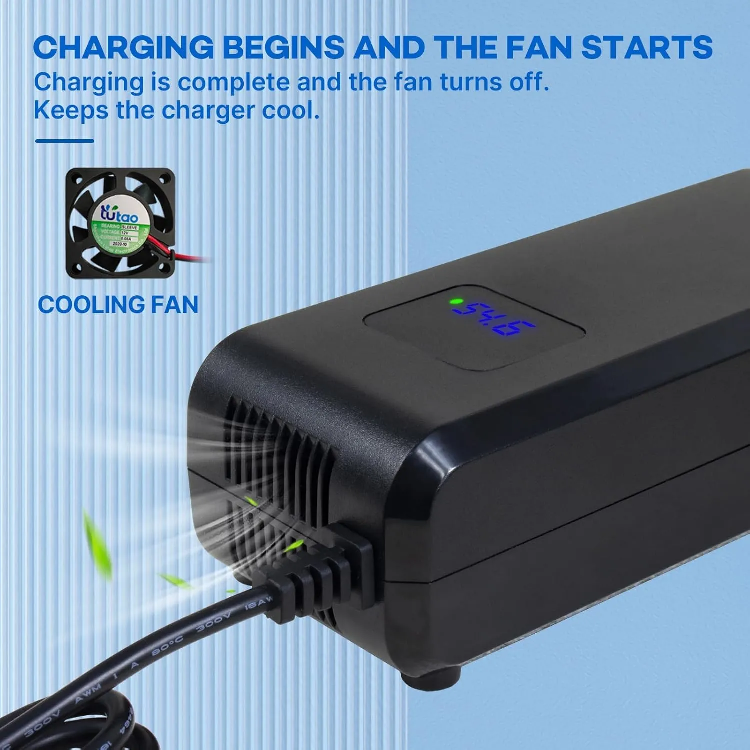 YZPOWER 48V Lithium Battery Charger,54.6 Volt 4A Power Supply Adapter Smart Fast Charging with Display for 48 Volt 13s Lithium Pack Built in Fan (54.6V 4A F)
