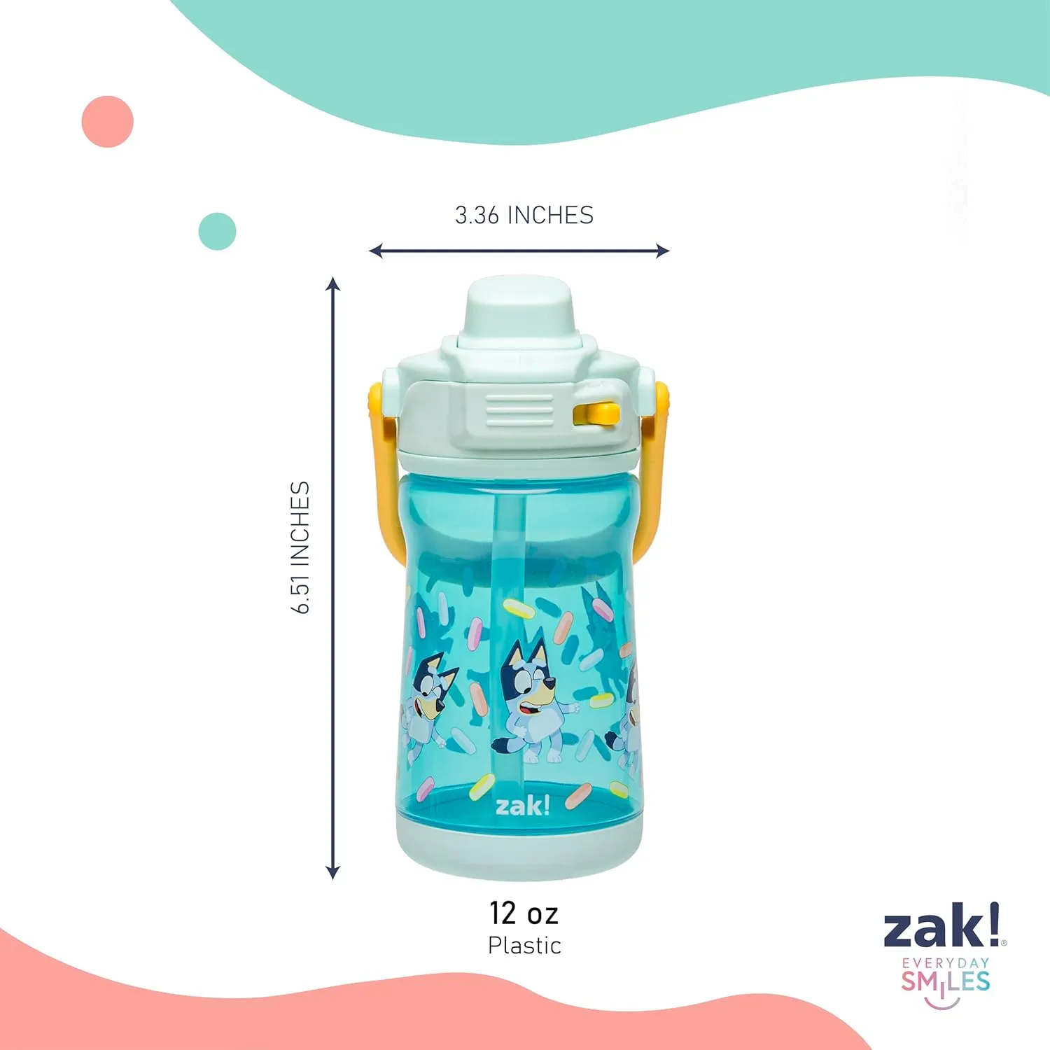 Zak Designs Bluey Beacon Kids Water Bottle for Travel or At Home, 12oz Plastic is Durable and Leak-Proof with Liquid Lock Spout, Cover, Carry Handle, Protective Base (Bluey)