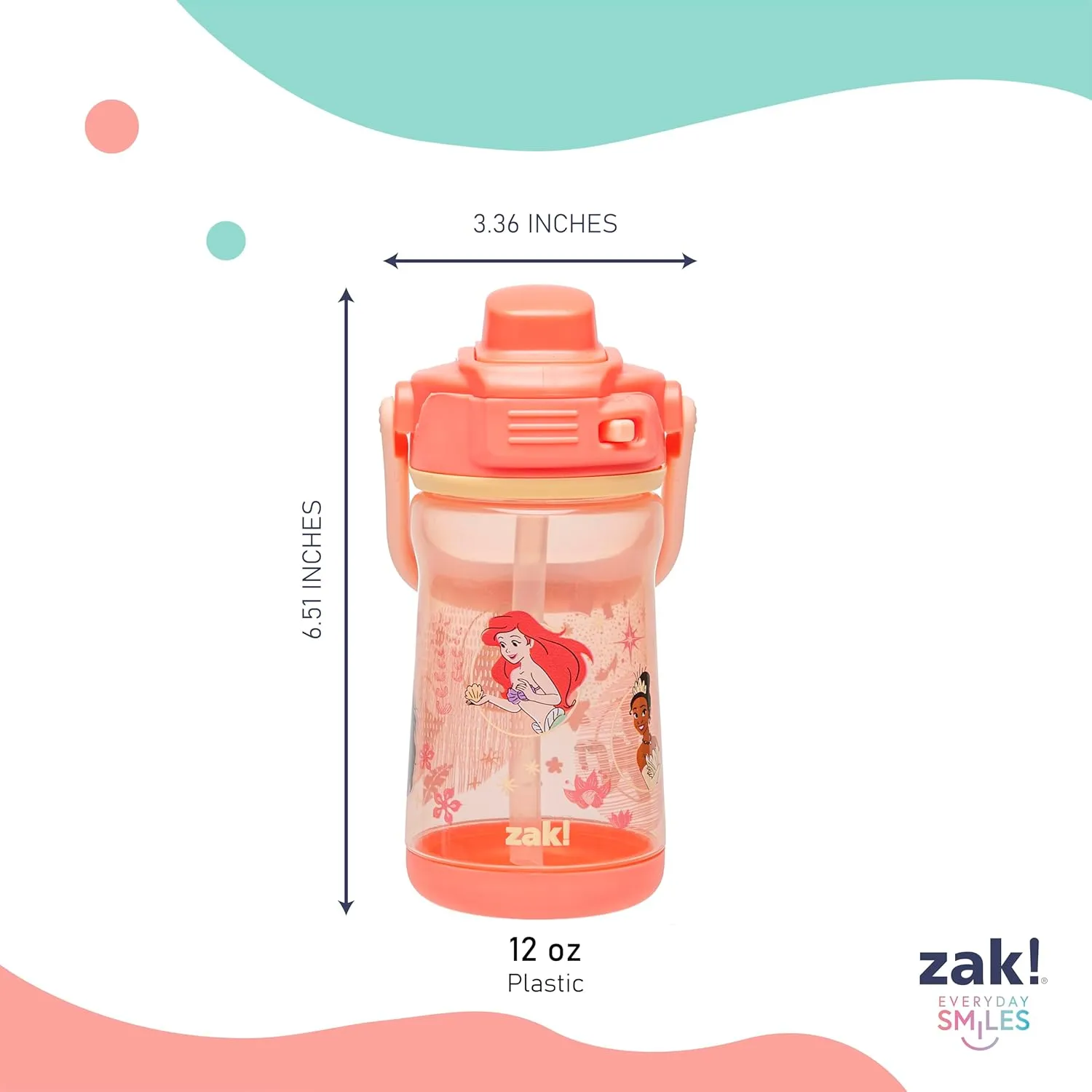 Zak Designs Disney Princess Beacon Kid Water Bottle for Travel, 12oz Plastic is Durable and Leak-Proof with Liquid Lock Spout, Carry Handle, Protective Base (Ariel, Cinderella, Moana, Rapunzel, Tiana)