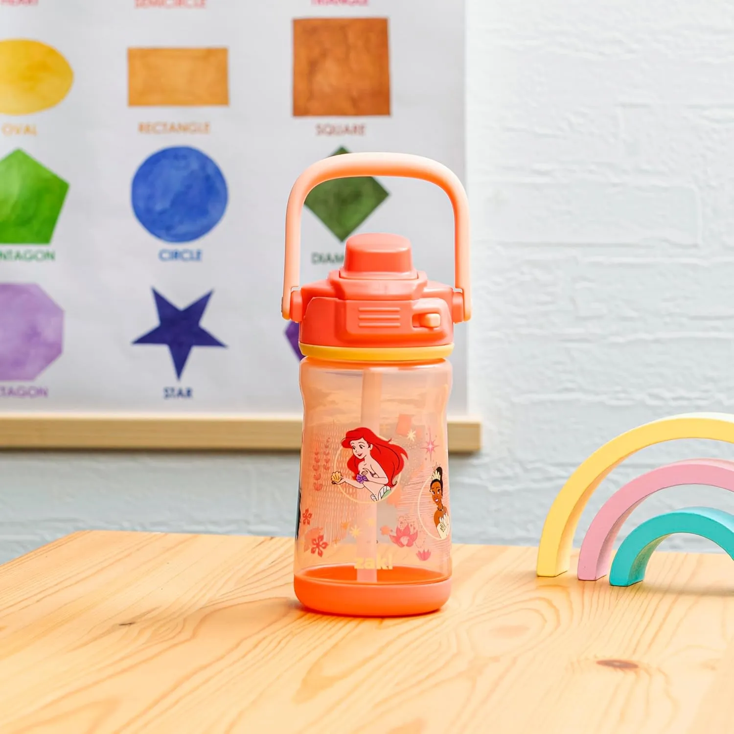 Zak Designs Disney Princess Beacon Kid Water Bottle for Travel, 12oz Plastic is Durable and Leak-Proof with Liquid Lock Spout, Carry Handle, Protective Base (Ariel, Cinderella, Moana, Rapunzel, Tiana)