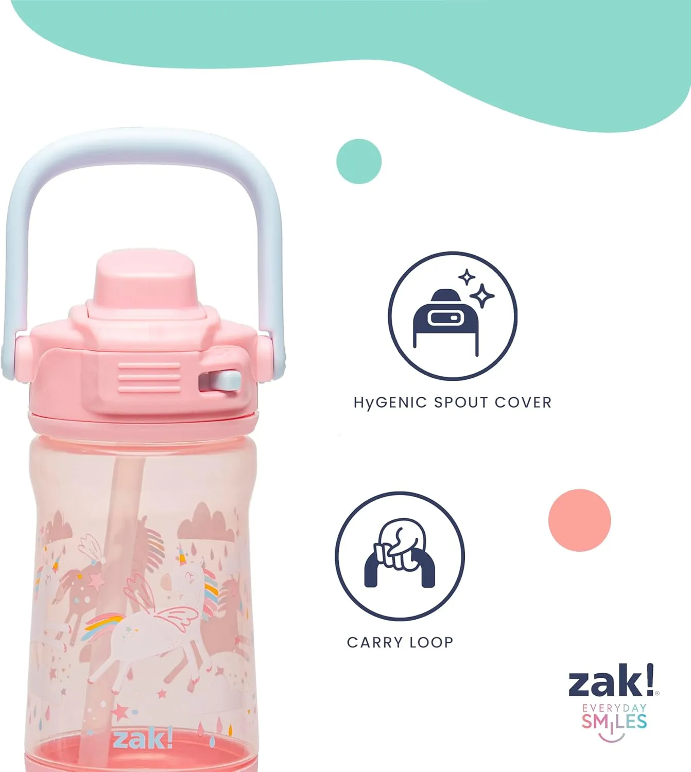 Zak Designs Disney Princess Beacon Kid Water Bottle for Travel, 12oz Plastic is Durable and Leak-Proof with Liquid Lock Spout, Carry Handle, Protective Base (Ariel, Cinderella, Moana, Rapunzel, Tiana)