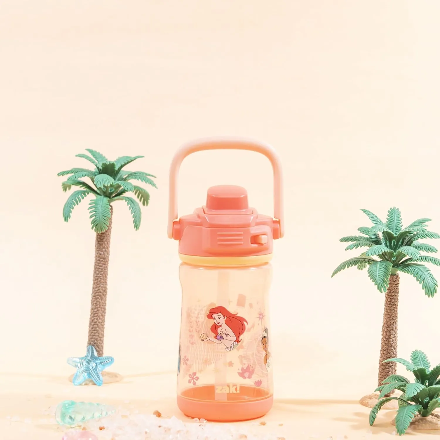 Zak Designs Disney Princess Beacon Kid Water Bottle for Travel, 12oz Plastic is Durable and Leak-Proof with Liquid Lock Spout, Carry Handle, Protective Base (Ariel, Cinderella, Moana, Rapunzel, Tiana)