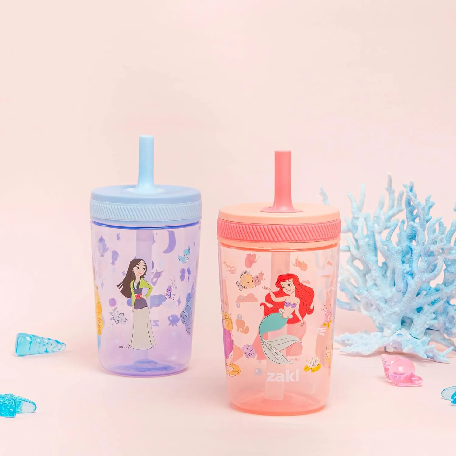 Zak Designs Disney Princess Kelso Toddler Cups For Travel or Home, 15oz 2-Pack Plastic Sippy Cups, Leak-Proof For Kids (Ariel, Aurora, Belle, Cinderella, Jasmine, Mulan, Rapunzel, Tiana)