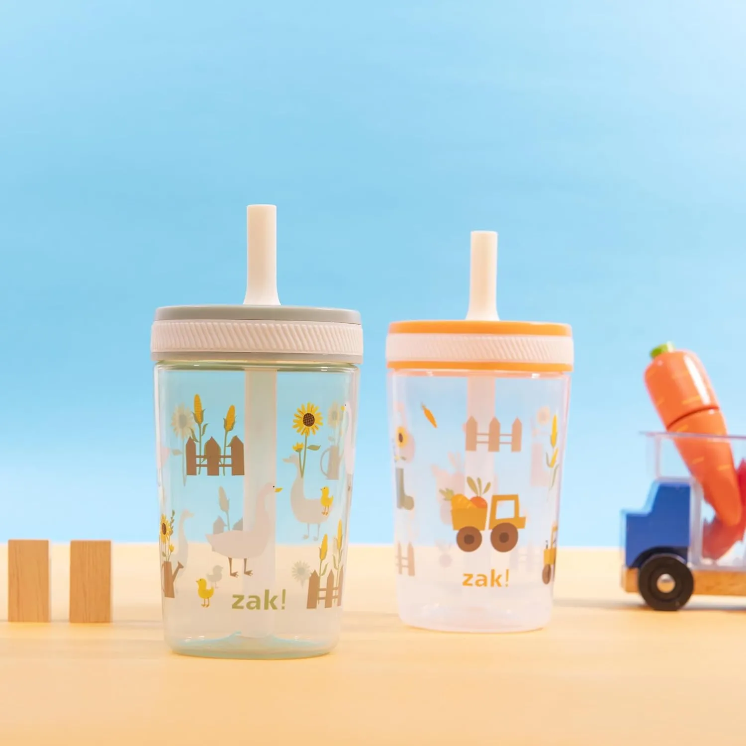Zak Designs Kelso Toddler Cups For Travel or At Home, 15oz 2-Pack Durable Plastic Sippy Cups With Leak-Proof Design is Perfect For Kids (Silly Goose, Harvest)